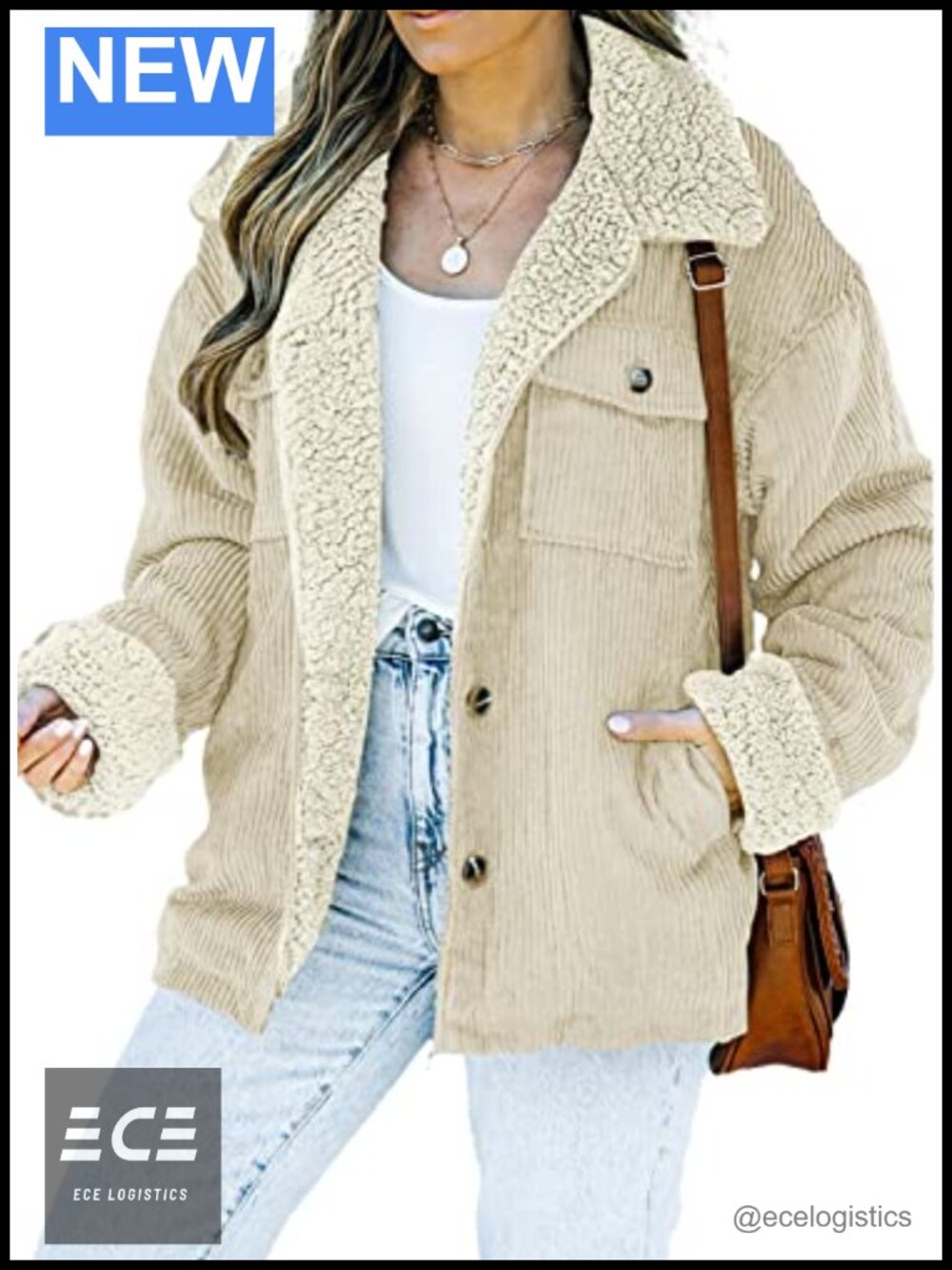 Corduroy Sherpa Lined Jacket Button Front Loose Fit Winter Coat